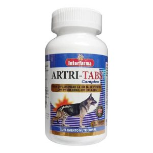 Caja y frasco de Artri-Tabs de Interfarma, condroprotector con glucosamina en 60 comprimidos para perros.