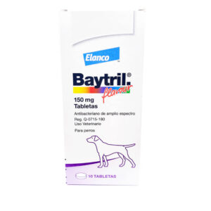 Caja y blíster de Baytril Saborizado 150 mg de Elanco, antibiótico con Enrofloxacino para perros grandes.