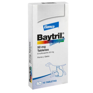 Caja de Baytril Saborizado 50 mg de Elanco, antibiótico con Enrofloxacino para perros y gatos.