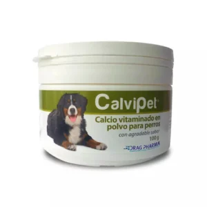 Envase de Calvipet de Drag Pharma, suplemento de calcio en polvo de 100g para perros.