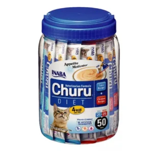 Tarro de 50 tubos de Churu Diet Veterinarian Formula para gatos, snack bajo en calorías sabor atún con pollo de Inaba.
