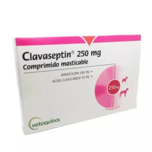 Caja de Clavaseptin 250 mg, antibiótico con Amoxicilina y Ácido Clavulánico para perros.