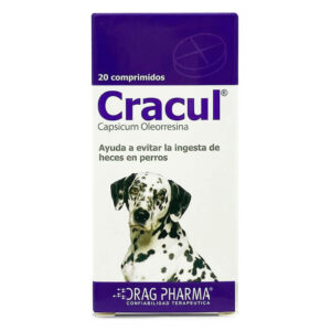 Caja y blíster de Cracul de Drag Pharma, suplemento en 20 comprimidos para tratar la coprofagia en perros.