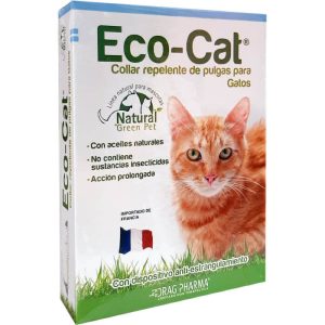 Empaque del collar repelente natural Eco-Cat de Drag Pharma para gatos, con protección de 3 meses.