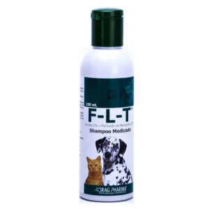 Botella de F-L-T Shampoo Medicado de Drag Pharma para tratar la seborrea y pioderma en perros.