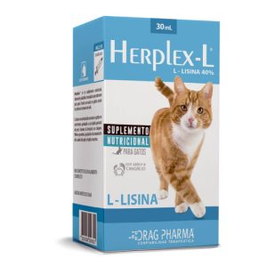 Caja y frasco de Herplex-L de Drag Pharma, suplemento de L-Lisina en suspensión para gatos con Herpesvirus Felino.