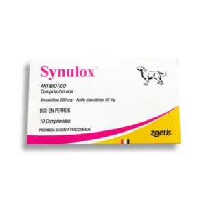 Caja de Synulox 250 mg de Zoetis, antibiótico con Amoxicilina y Ácido Clavulánico para perros y gatos.