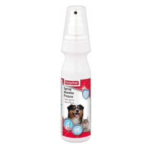 Botella del Spray Aliento Fresco de Beaphar, para combatir el mal aliento en perros y gatos.
