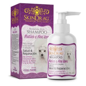 Botella de Skindrag Shampoo de Drag Pharma, con Matico y Aloe Vera para la cicatrización de la piel en perros y gatos.