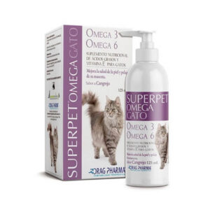 Botella y caja del suplemento Superpet Omega 3 y 6 para gatos de Drag Pharma, para piel y pelaje.