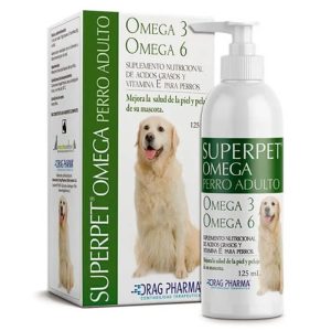 Botella y caja del suplemento Superpet Omega para perros adultos de Drag Pharma, para una piel sana y un pelaje brillante.