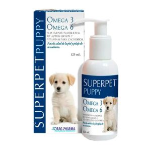 Botella y caja del suplemento Superpet Puppy Omega de Drag Pharma para el desarrollo cerebral y visual de cachorros.