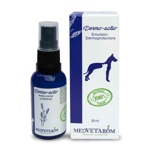 Frasco y caja de Dermo-Activ de Medvetarôm, spray calmante natural para la piel de perros y gatos.