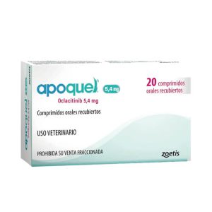 Caja de Apoquel de 5.4 mg, comprimidos con Oclacitinib de Zoetis para el control de la picazón en perros.