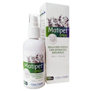 Frasco y caja de Matipet Spray de 100ml, cicatrizante natural con Matico para heridas en perros y gatos.