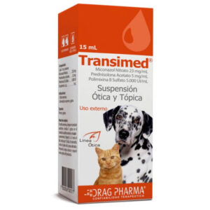 Caja y frasco de Transimed de Drag Pharma, suspensión de 15ml para tratar otitis y dermatitis en perros y gatos.