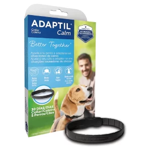Caja y collar Adaptil Calm de Ceva, talla S, para reducir la ansiedad en perros pequeños y cachorros.
