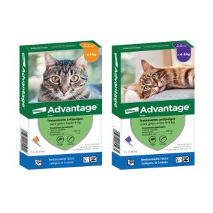 Cajas de las pipetas antipulgas Advantage de Elanco para gatos, en sus dos presentaciones por peso.
