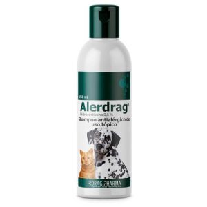 Botella de Alerdrag Shampoo de Drag Pharma, con Hidrocortisona para aliviar la picazón alérgica en perros y gatos.