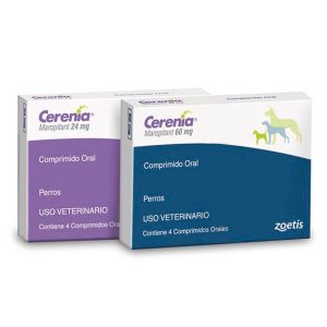 Cajas de Cerenia de Zoetis en presentaciones de 24 mg y 60 mg, comprimidos con Maropitant para el vómito en perros.