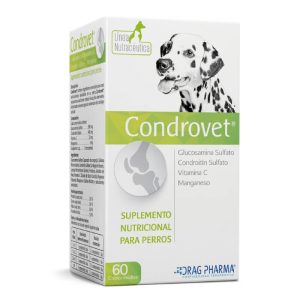 Caja de Condrovet de Drag Pharma, suplemento de 60 comprimidos con Glucosamina y Condroitina para las articulaciones de los perros.