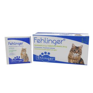 Caja y sachet individual de Fehlinger de Laboratorio Ehlinger, desparasitante interno para gatos.