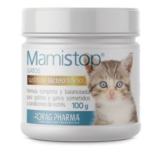 Envase de Mamistop Gatos de Drag Pharma, sustituto lácteo en polvo de 100g para la crianza de gatitos.