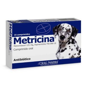 Caja de Metricina de Drag Pharma, antibiótico con Espiramicina y Metronidazol para infecciones bucales en perros y gatos.