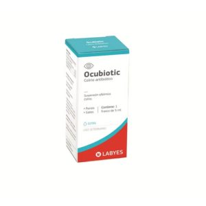 Caja de Ocubiotic de Labyes, colirio de 5ml con Gentamicina y Betametasona para perros y gatos.