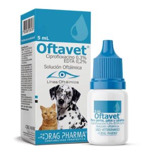 Caja y frasco de Oftavet de Drag Pharma, colirio de 5ml con Ciprofloxacino y EDTA para perros y gatos.