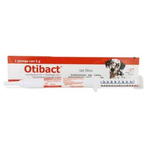Caja y jeringa de Otibact Gel Ótico de Drag Pharma, tratamiento para la otitis en perros.