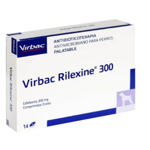 Caja de Rilexine 300 mg de Virbac, comprimidos con Cefalexina para el tratamiento de infecciones en perros.