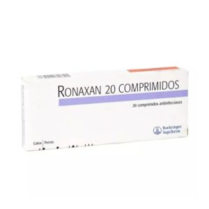 Caja de Ronaxan 20 mg de Boehringer Ingelheim, 20 comprimidos con Doxiciclina para gatos y perros pequeños.