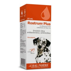 Caja de Rostrum Plus de Drag Pharma, emulsión ótica de 15ml para el tratamiento de la otitis en perros.