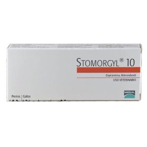 Caja de Stomorgyl 10 de Boehringer Ingelheim, antibiótico para infecciones bucales en perros y gatos.