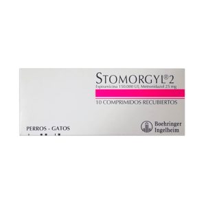 Caja de Stomorgyl 2 de Boehringer Ingelheim, antibiótico para infecciones bucales en gatos y perros pequeños.