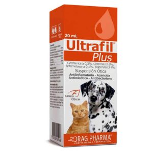 Caja de Ultrafil Plus de Drag Pharma, suspensión ótica para el tratamiento de la otitis en perros y gatos.