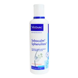 Botella de Sebocalm Spherulites de Virbac, shampoo hipoalergénico de 250ml para la piel sensible de perros y gatos.