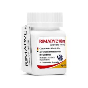 Caja de Rimadyl 100 mg de Zoetis, con 14 comprimidos masticables de Carprofeno para el alivio del dolor en perros.