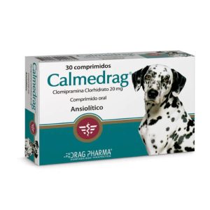 Caja de Calmedrag de Drag Pharma, suplemento ansiolítico con 30 comprimidos de Triptófano para calmar el estrés y la ansiedad en perros.