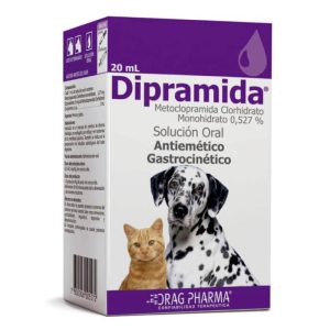 Caja y frasco gotario de Dipramida de Drag Pharma, solución oral de 20 ml con Metoclopramida para controlar el vómito en perros y gatos.