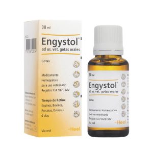 Caja y frasco de Engystol de 100 ml del laboratorio Heel, medicamento bioregulador en gotas para fortalecer el sistema inmune de perros y gatos.