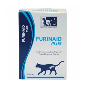 Botella y caja de Furinaid Plus de TRM, suplemento de 200 ml con dosificador para el soporte urinario y manejo de la cistitis en gatos.